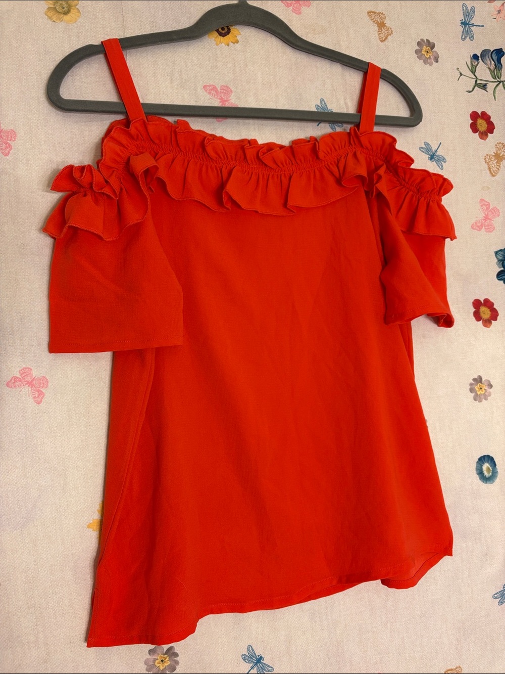 Neiman Marcus Orange Off-Shoulder Ruffle Crop Top